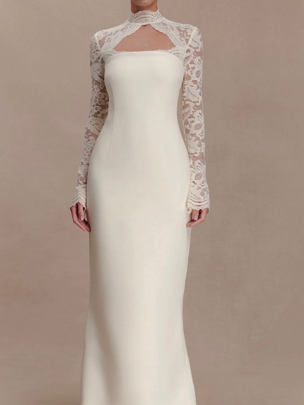 Meshki Ivory Lace Long-Sleeve High-Neck Sheath Dress